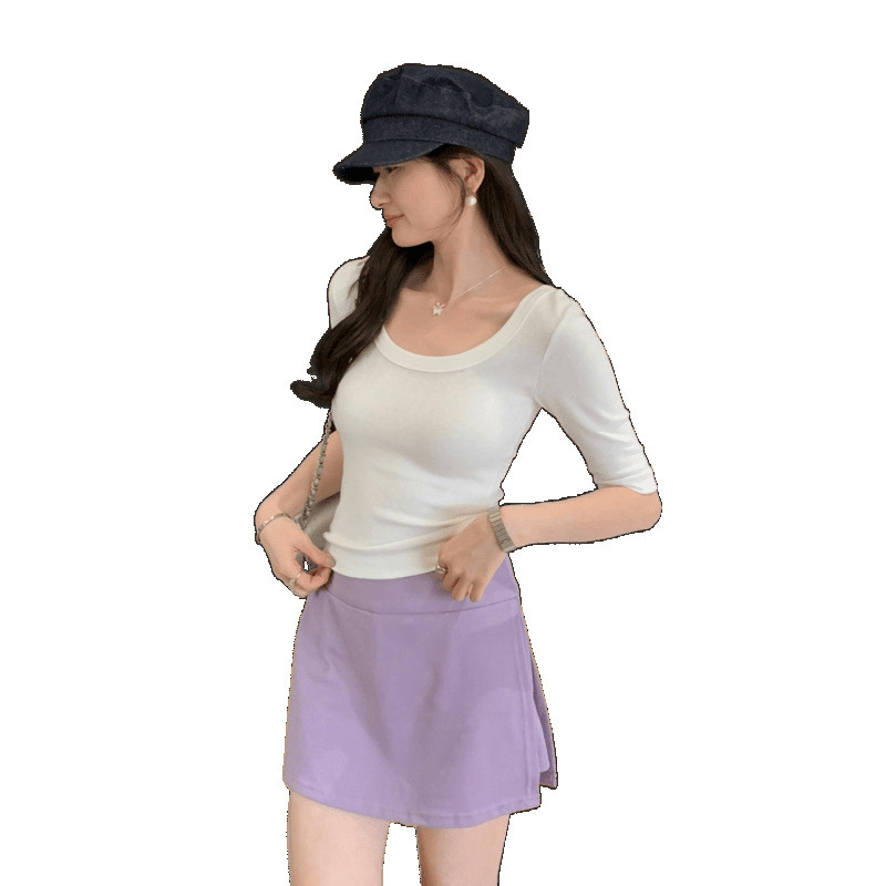 売れ筋のハイエンドの紫色のUネックスリムフィットミッドスリーブTシャツ、女性用、2025年夏の新しいスタイル、ユニークで美しいトップス|undefined