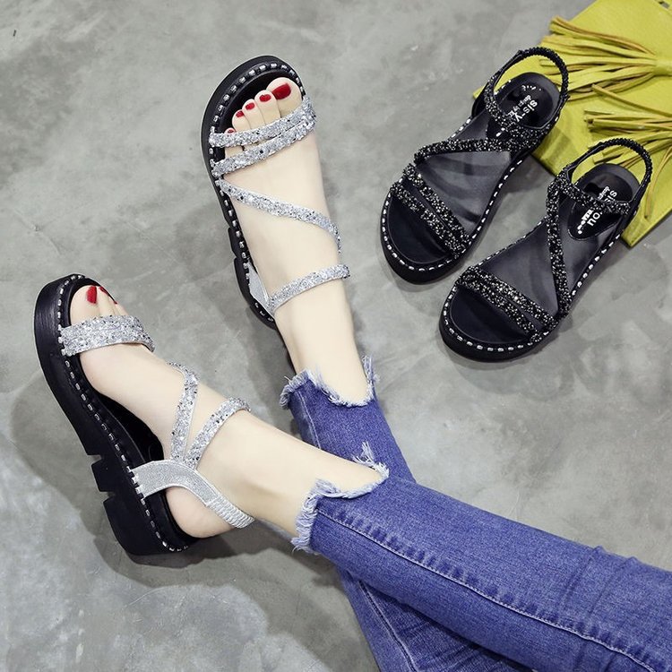 Sandalias para mujeres 2024 verano nuevo estilo coreano muffins de fondo grueso de diamante universal un botón de botón estudiante tacones planos zapatos de mujer