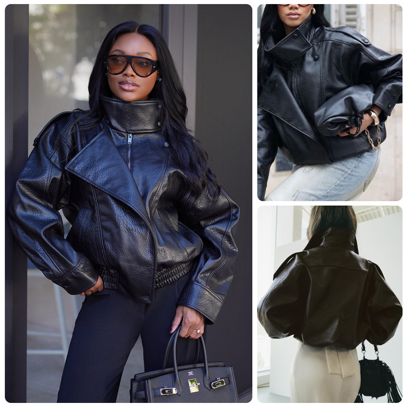 Women's Short Motorcycle Leather Jacket with Lychee Pattern, Diagonal Zipper, High Stand Collar, Shoulder Strap Decoration, Vintage Short Coat
