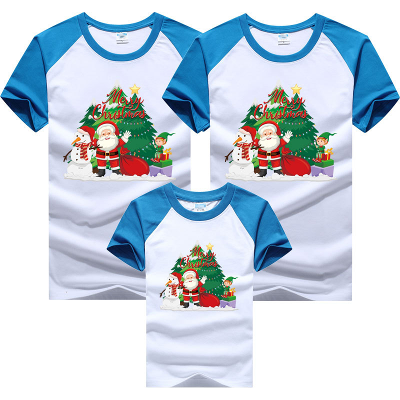 Camiseta de manga corta para padres e hijos 2024 Nuevo Año Nuevo Árbol de Navidad ropa para niños Cuello redondo europeo y americano Manga raglán Top a juego