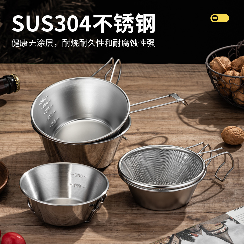 Camping tableware set 304 stainless steel camping bowl handle foldable bowl with scale outdoor portable Snow Bowl