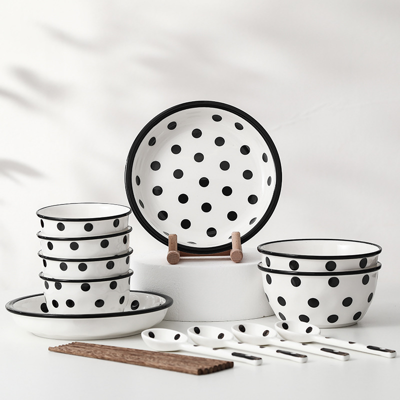 ins小香風黑色波點碗筷套裝4人食網紅碗碟盤禮盒裝銀行地產伴手禮