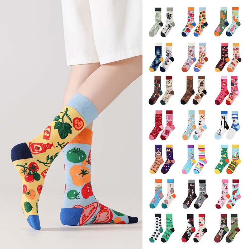 New cross-border AB socks for women, personalized cartoon sports mid-high socks, couple's asymmetrical trendy cotton sports socks New cross-border AB socks for women, personalized cartoon sports mid-high socks, couple's asymmetrical trendy cotton sports socks