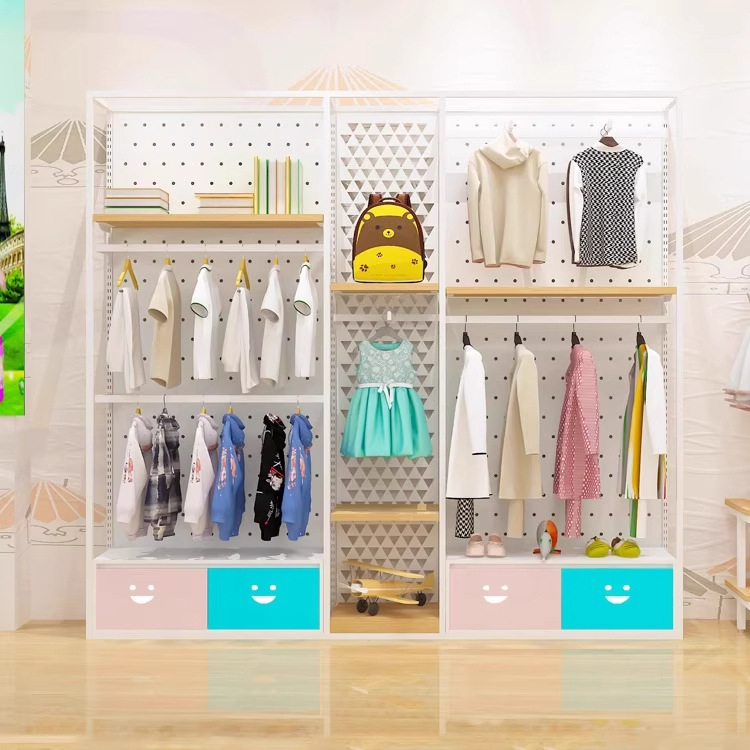 Tienda de ropa estante de exhibición de ropa de niños pared estante de ropa de niños percha de ropa de doble capa madre y bebé estante de plataforma de isla
