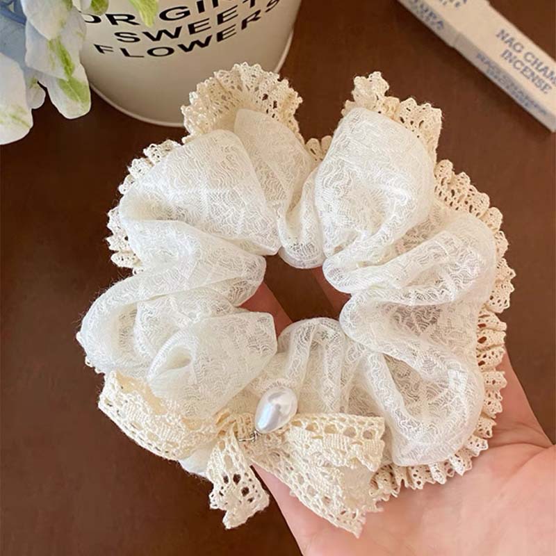 Encaje de flor coreana Encaje de intestino grueso Anillo de cabello femenino Cabeza de flor de viento pastoral Cuerda de cabeza de bola de gran tamaño Accesorios para el cabello de alta calidad