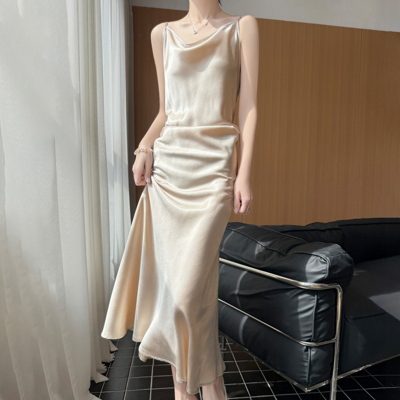 2026 Summer New Style Gilded Satin Draped Collar Spaghetti Strap Dress for Women, French Retro Style, Waist-Cinching, Slimming Mid-Length Dress, Trendy 2026 Summer New Style Gilded Satin Draped Collar Spaghetti Strap Dress for Women, French Retro Style, Waist-Cinching, Slimming Mid-Length Dress, Trendy
