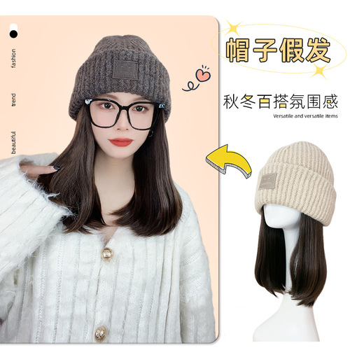 Hat wig women's detachable long hair new autumn and winter knitted wool hat one-piece full head cover wig hat cold hat