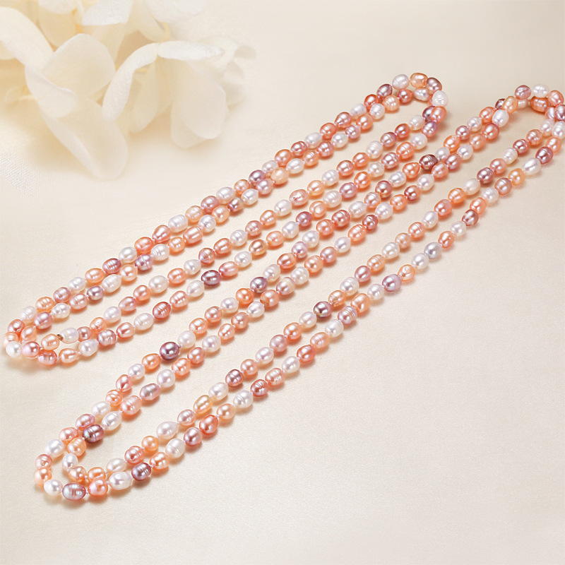 饰品批发淡水米形珍珠项链 女生长款毛衣链锁骨链双层叠戴款颈饰