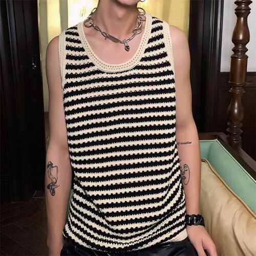 Men's Summer American Retro Striped Design Loose Unisex Versatile Sleeveless Cardigan T-shirt with Lattice Knit