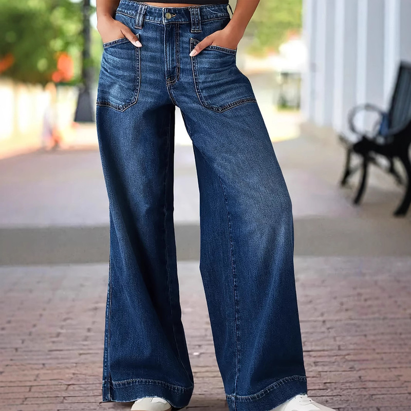 European and American Cross-Border Women's Stretch Outer Pocket Straight Wide-Leg Denim Pants Women Jeans