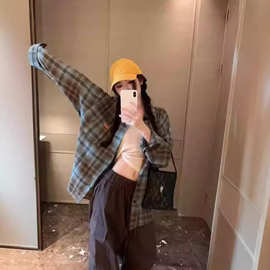 新款撞色格纹翻领长袖防晒衬衫女装夏季休闲百搭单排扣衬衣现货