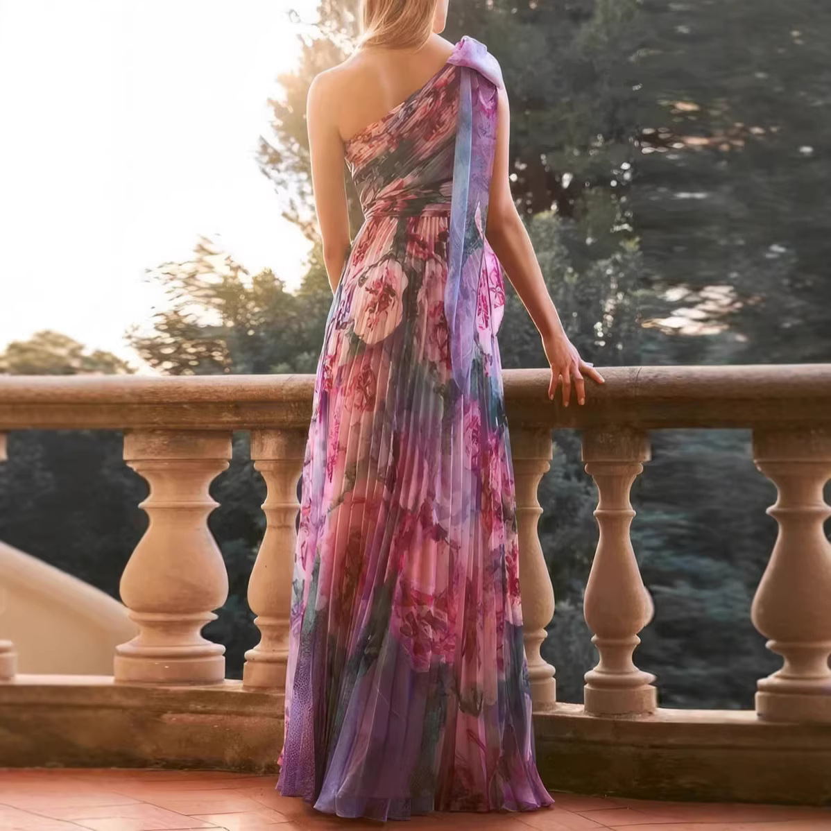 New Bohemian Vacation Style One Shoulder Shirred Lolita Big Swing Printed Dress Bohemian Holiday Printed Dress For Women_ecoleips.com