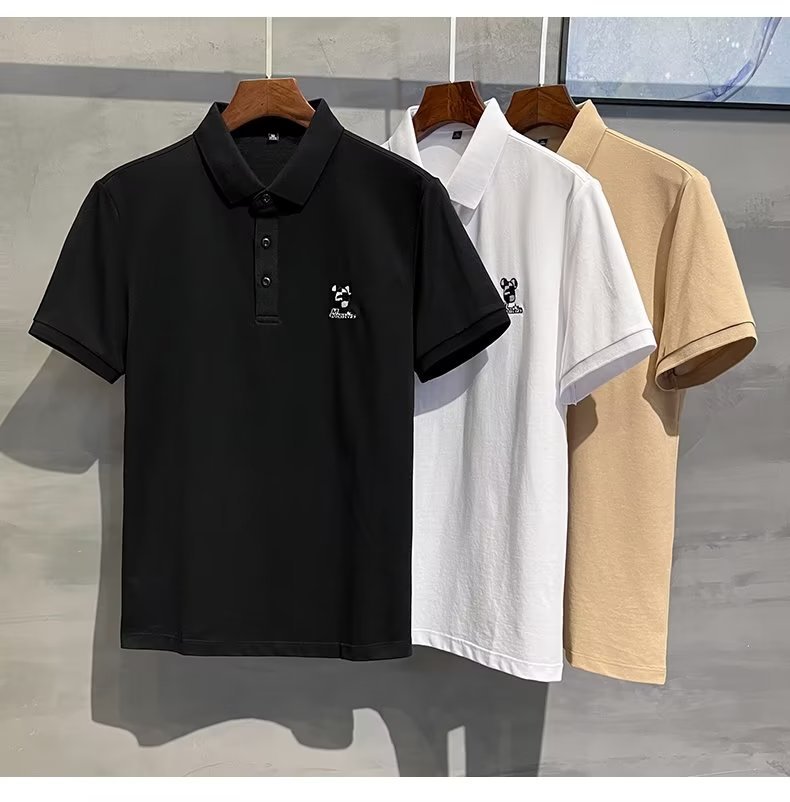2024 Summer Thin Pearl Mesh Bear Embroidered Back Letter Print Slim Fit Elastic Polo Short Sleeves_voghion.com