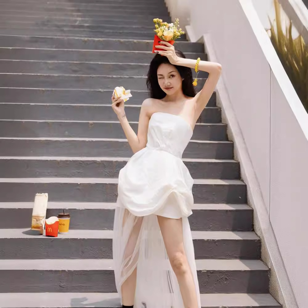 French White Strapless Morning Gown Light Wedding Dress Banquet Birthday Travel Shooting Morning Shooting Welcome Gown Evening Dress dress