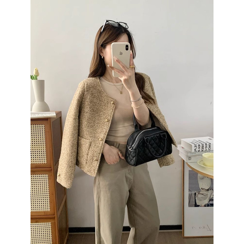Woven Tweed Chanel-Style Short Jacket for Women 2025 Spring and Autumn Petite Round Neck Padded Shoulder Top Cross-Border Wholesale