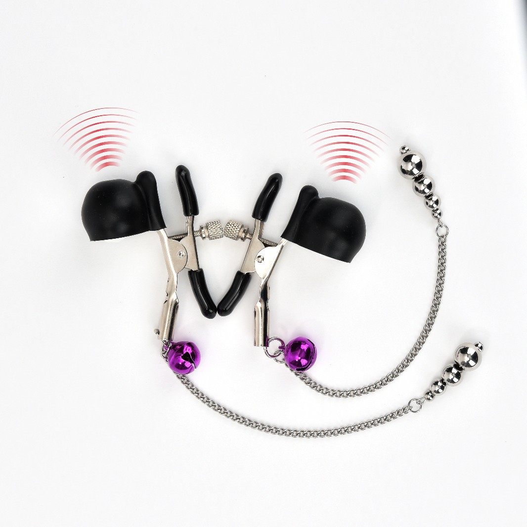 Vibrating Metal Breast Clamps with Bells, Pair, Teasing Nipple Massage Toy — detail image 1