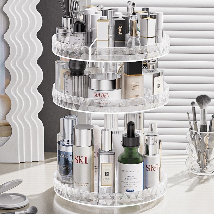 Cross-border rotating cosmetic storage rack, high-end acrylic dressing table layered skincare and perfume organizer
