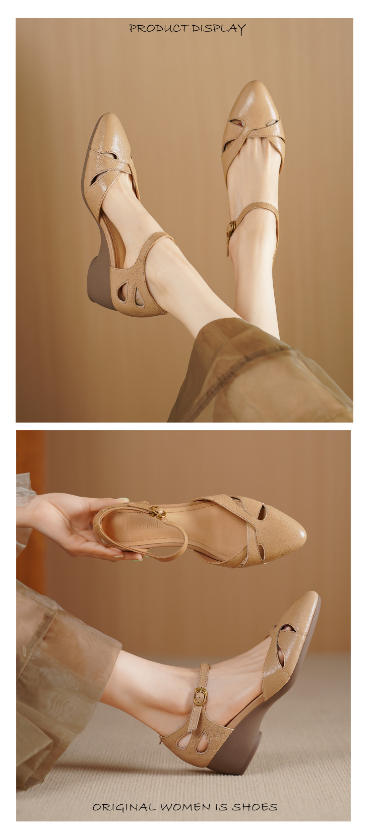 Sandal nữ da dê nguyên tấm mũi khoét gót vuông đế xuồng — Màu trắng nhạt chi tiết 4