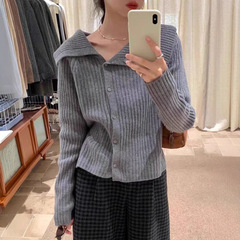 羊毛衫女100纯羊毛衫大翻领开衫修身显瘦版型短款外套秋冬新款衣