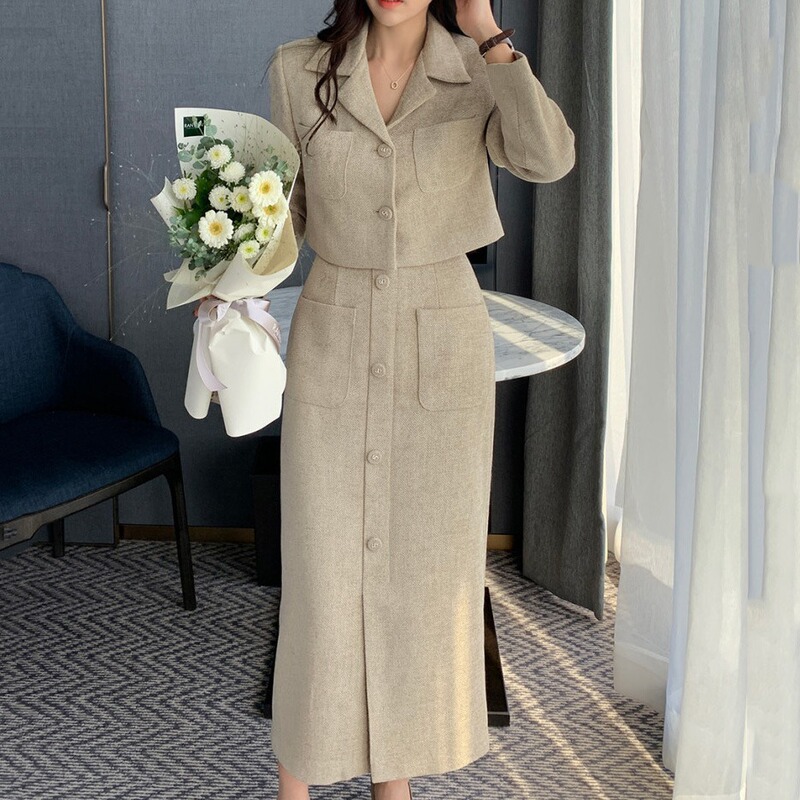 Size updated South Korea chic tweed small suit jacket + high waist chic button skirt suit
