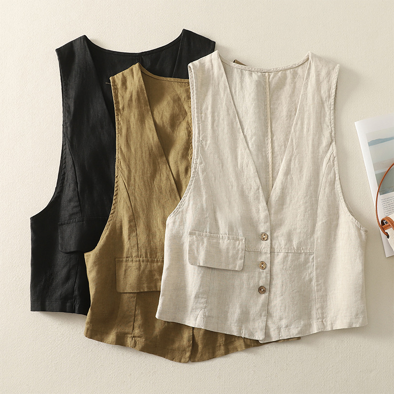 Real Shot of the 2026 Summer New Vintage Washed Cotton and Linen Vest for Women, Artistic Style Sleeveless Cardigan Outerwear