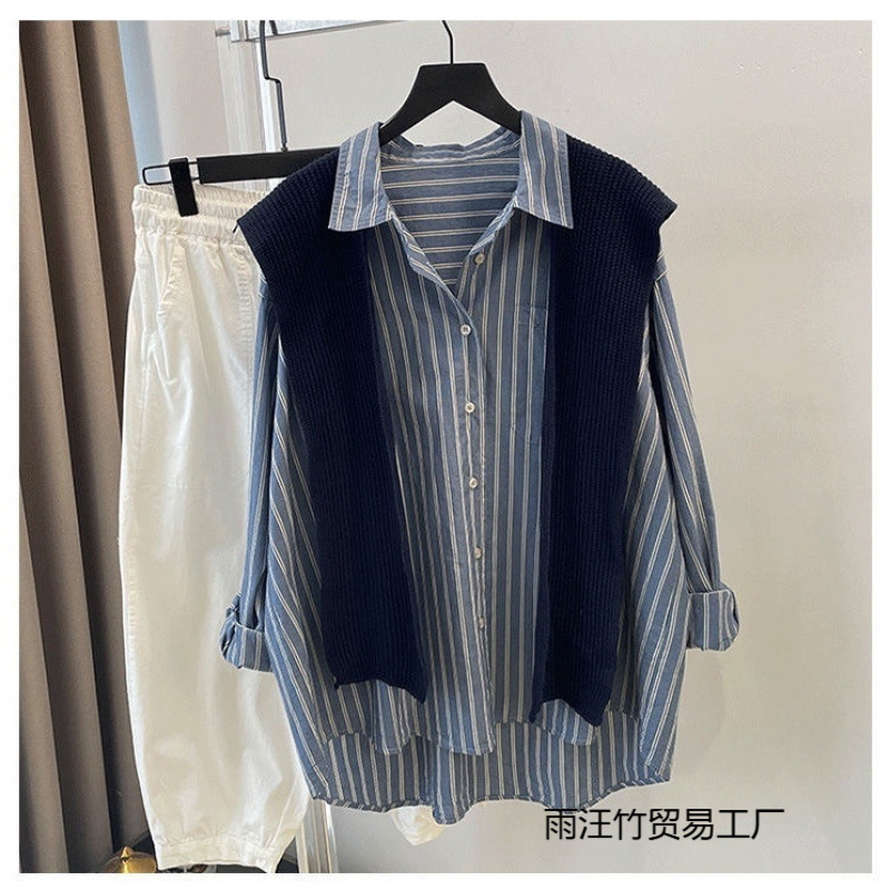 披肩假两件条纹衬衫女宽松设计感小众高端中长款两件套纯棉衬衣秋|undefined