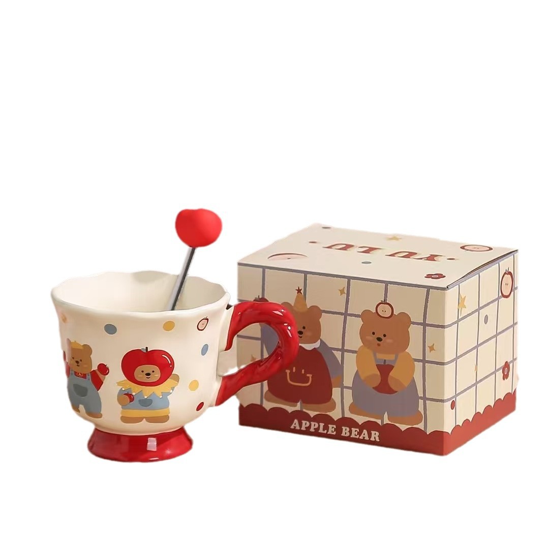 Taza de oso de cerámica de personalidad creativa, taza de regalo de mano, taza de café de manzana linda y linda, taza de alto valor