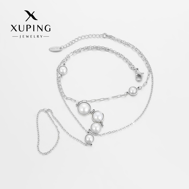Xuping simple doble perla pulsera de moda de acero inoxidable color primario joyas de verano vacaciones pie de viento joyas al por mayor mujeres