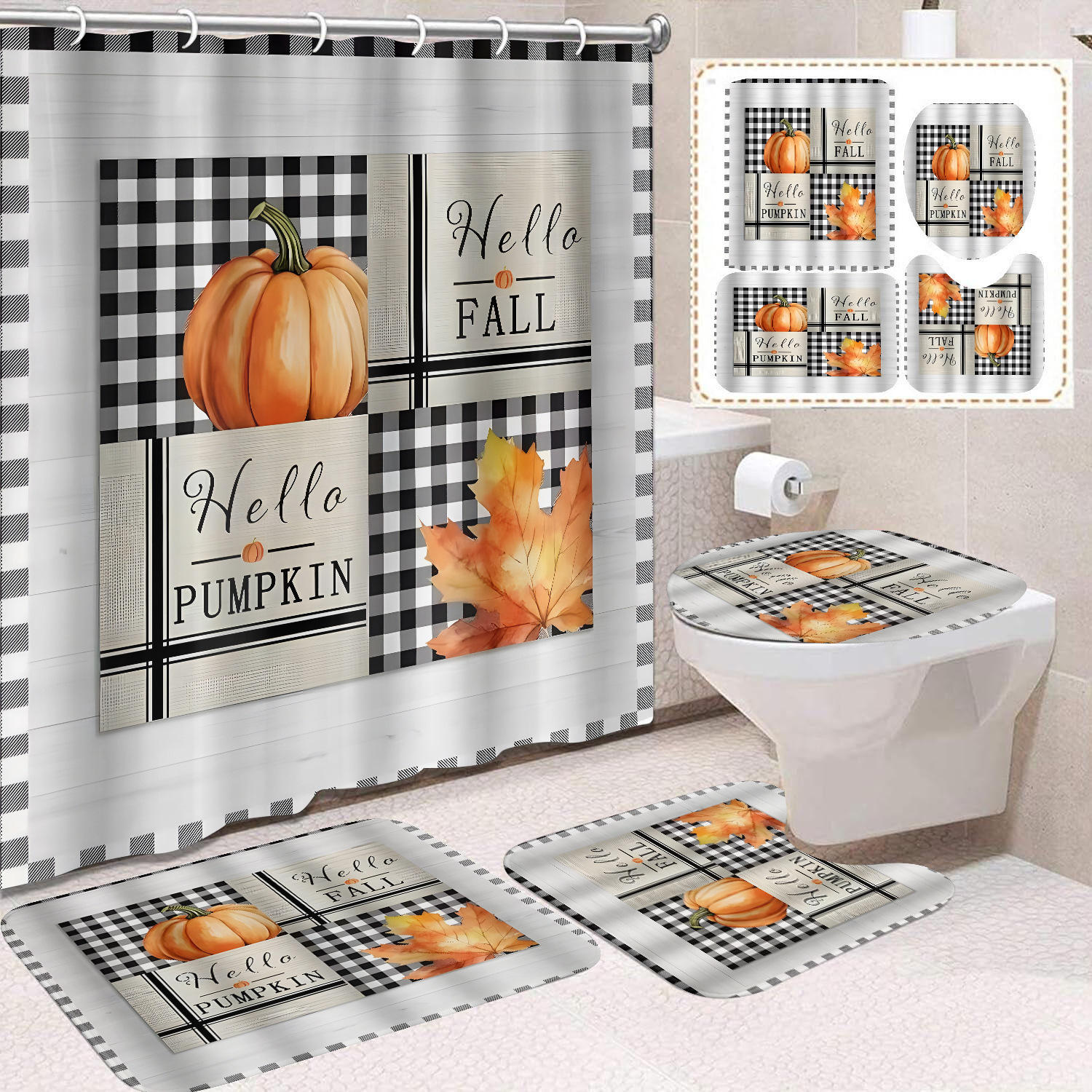 Cortina de ducha de Acción de Gracias, cosecha de otoño, serie de calabaza, cortina de ducha, cortina de baño, cortina de baño impermeable de poliéster, cortina de baño de cuatro piezas image 4