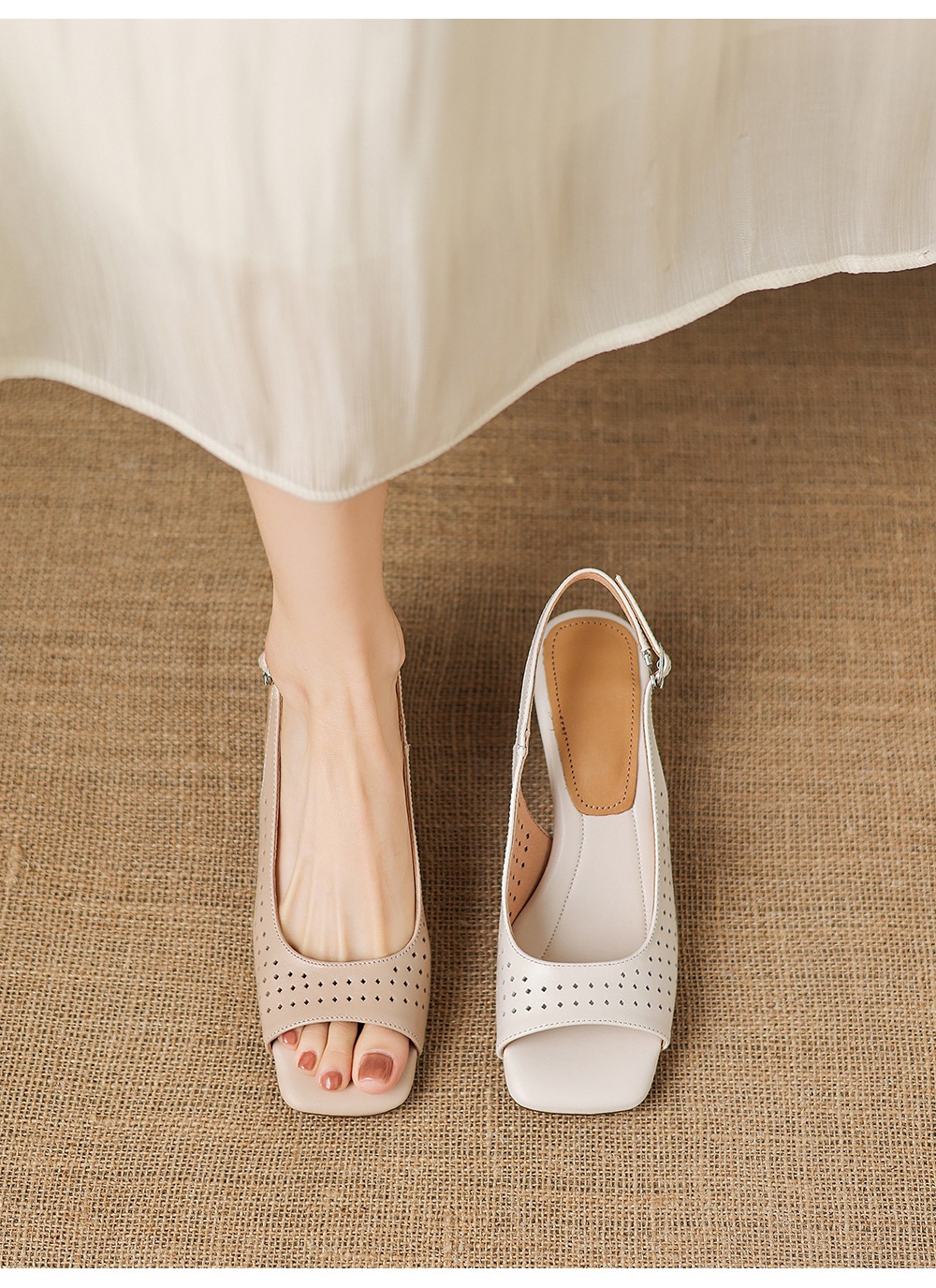 Sandal nữ đầu vuông hở ngón chân da bò thô gót thô cao — màu trắng ngà chi tiết 1