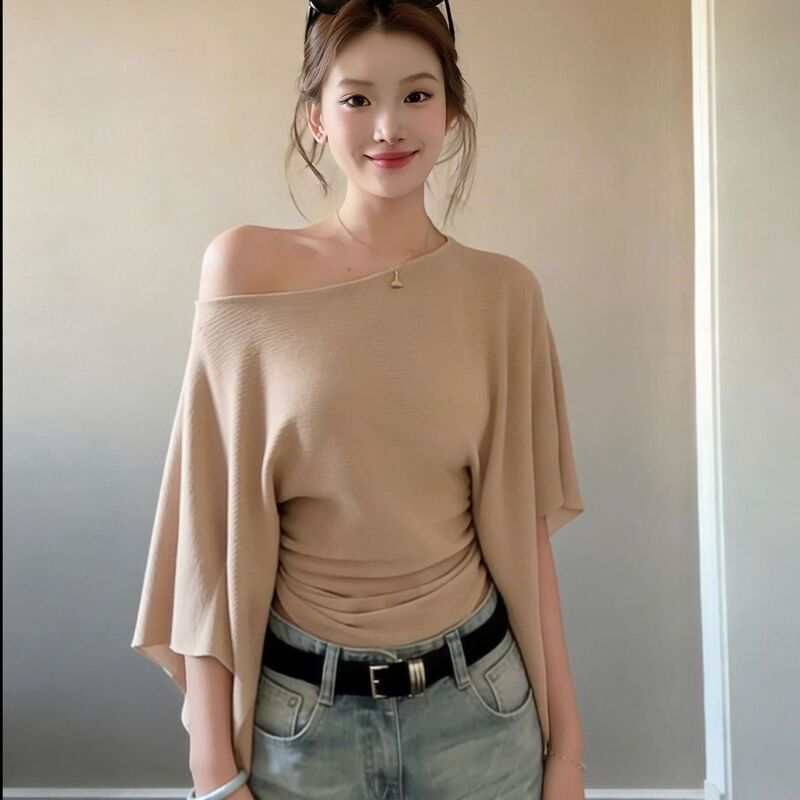 Unique and Beautiful Thin Knit Sweater for Women, New Summer 2026 Khaki Color Slimming Off-Shoulder Top Trendy Unique and Beautiful Thin Knit Sweater for Women, New Summer 2026 Khaki Color Slimming Off-Shoulder Top Trendy