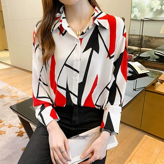 现货 印花长袖衬衫女设计感小众2026春季新款长袖衬衣女小衫宽松