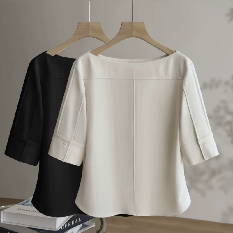 Th Style Minimalist High-Intelligence Triacetate Mid-Sleeve Shirt for Women, Summer Waist-Cinching Slim-Fit Boat Neck Elegant Top Th Style Minimalist High-Intelligence Triacetate Mid-Sleeve Shirt for Women, Summer Waist-Cinching Slim-Fit Boat Neck Elegant Top