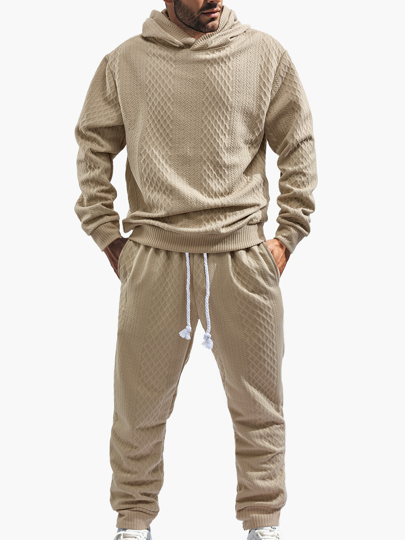 Transfronterizos TK primavera y otoño hombre deportivo relajado pantalones largos de manga larga Jacquard grande conjunto de sudadera con capuz