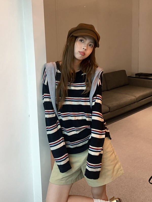 慵懒风撞色条纹长袖针织衫女早秋薄款防晒罩衫宽松休闲松弛感上衣|undefined