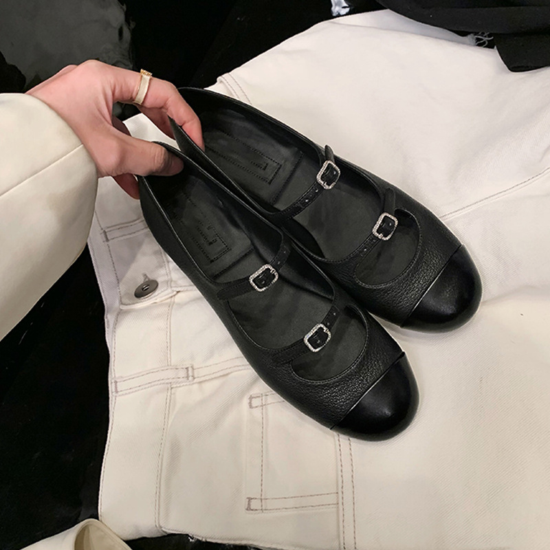 2023 primavera nueva punta redonda retro francés boca baja plana Mary Jane zapatos de las mujeres cuero genuino
