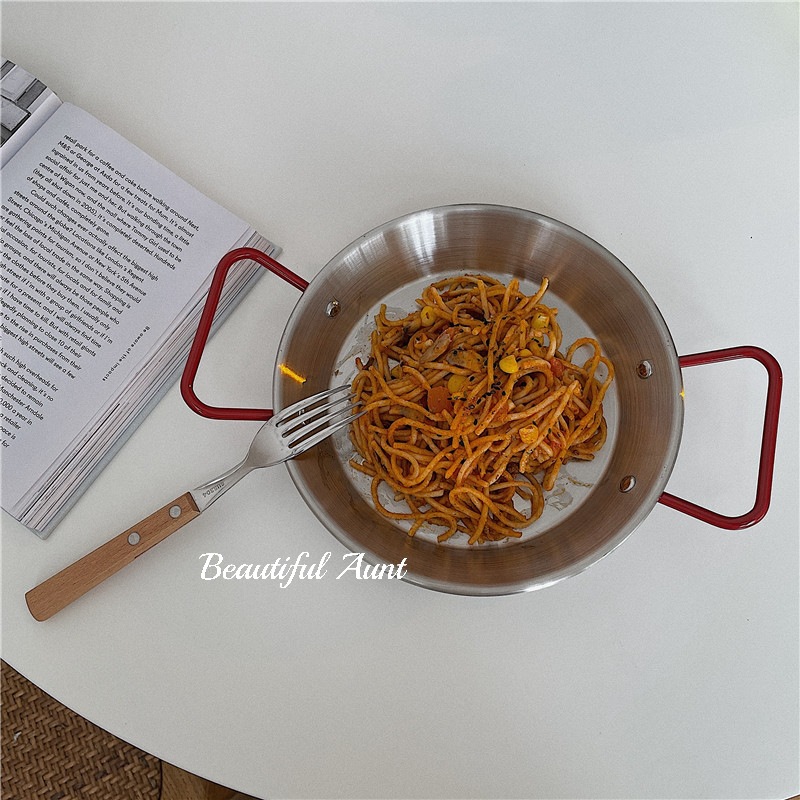 5YA1批發*漂亮的小姨媽* ins雙耳不鏽鋼平底鍋燴飯意面炸雞盤小龍