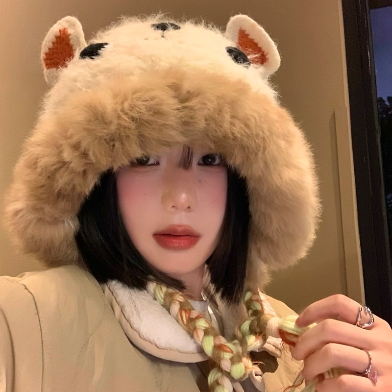 2024 autumn and winter plush cute little monster for women, showing off face, small knitted versatile, warm, ear_voghion.com