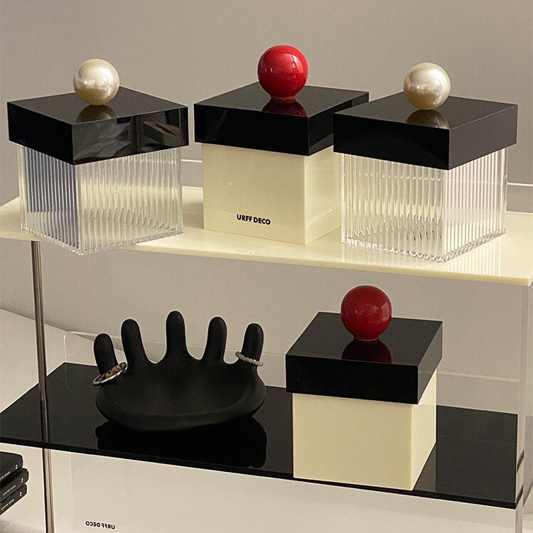 Contrast color matching red ball Pearl cotton stick box acrylic stripe transparent floss match earphone data cable storage box