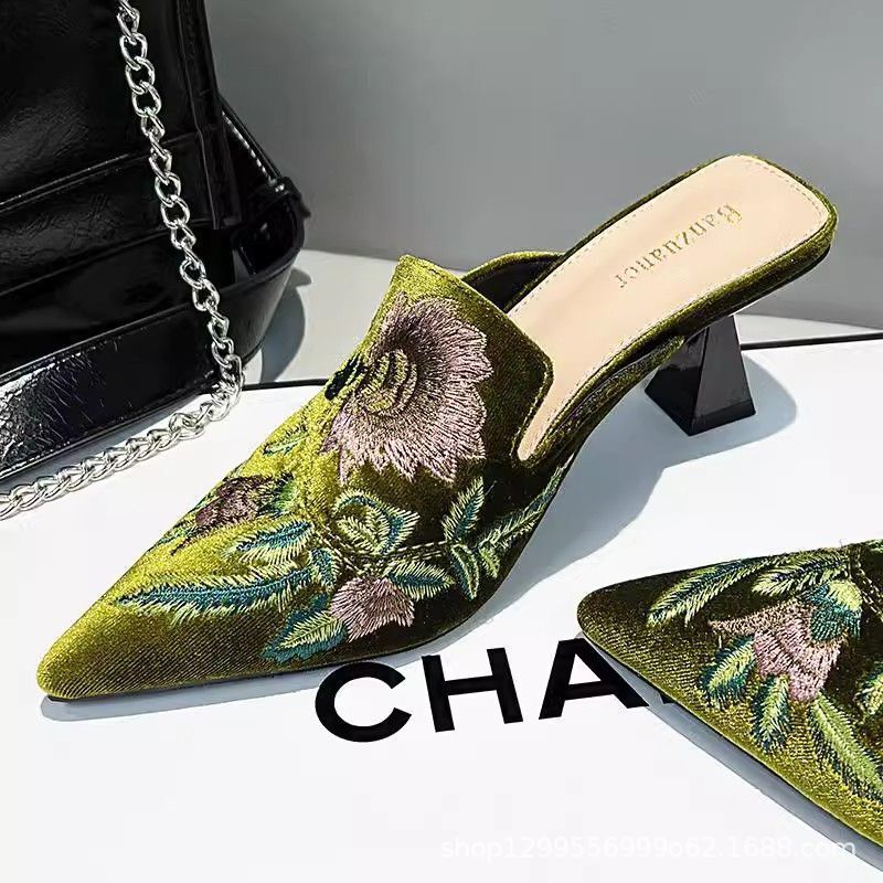 Pointed Toe Half-Slip High Heels 2025 New Summer French New Chinese Embroidery Shoes High-End Mule Shoes for Women to Wear Outside