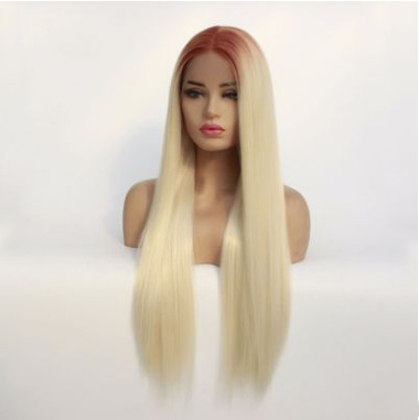 Fibra química delantera encaje medio tejido mano cubierta de la cabeza de moda europea y americana marrón oscuro gradiente oro claro peluca recta larga LW0161