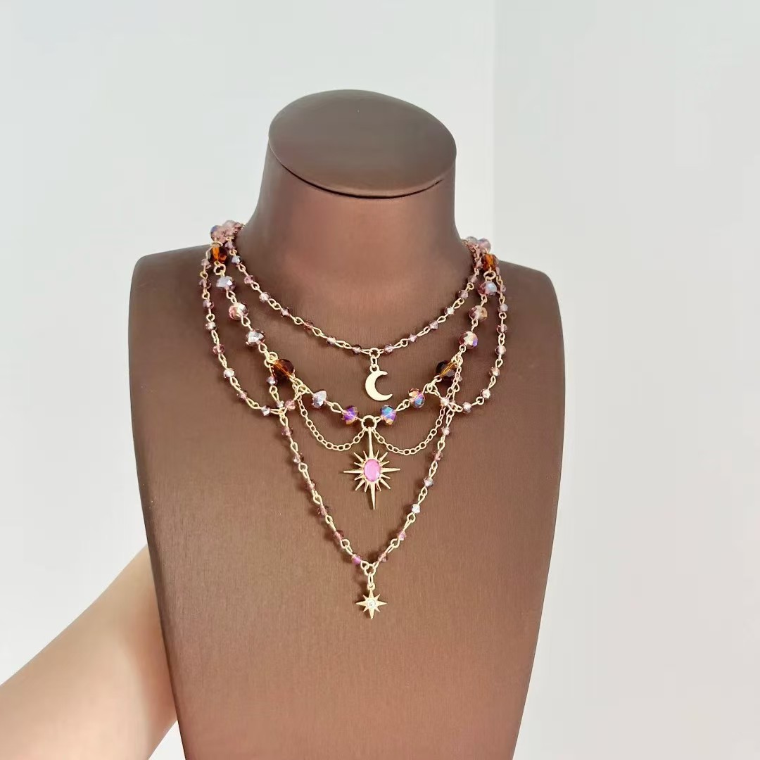 Multi-layer Beaded Collarbone Necklace With Moon And Sun Pendants_voghion.com