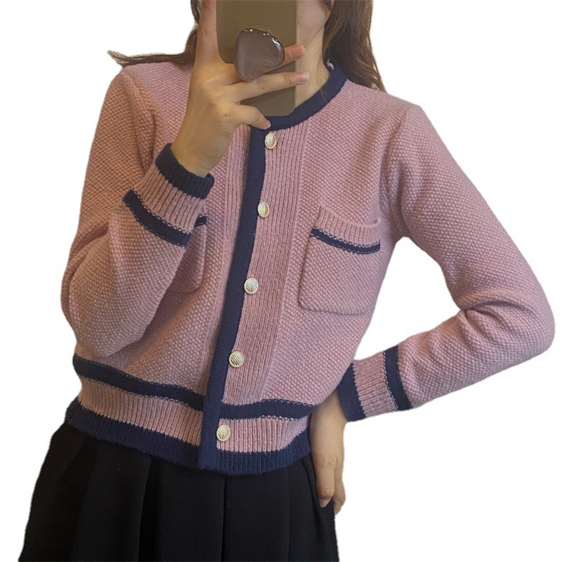 紫色毛衣外套女宽松温柔风穿搭针织开衫秋季百搭设计感短款上衣潮