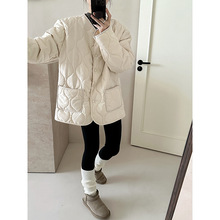 欧货菱形格圆领棉衣女秋冬新款上衣设计感棉服宽松百搭夹棉外套潮