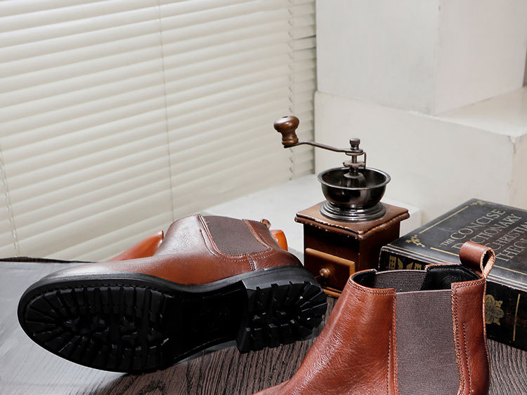 Men's thick soled cowhide leather shoes high-top slip-on ankle boots round head leather breathable_voghion.com