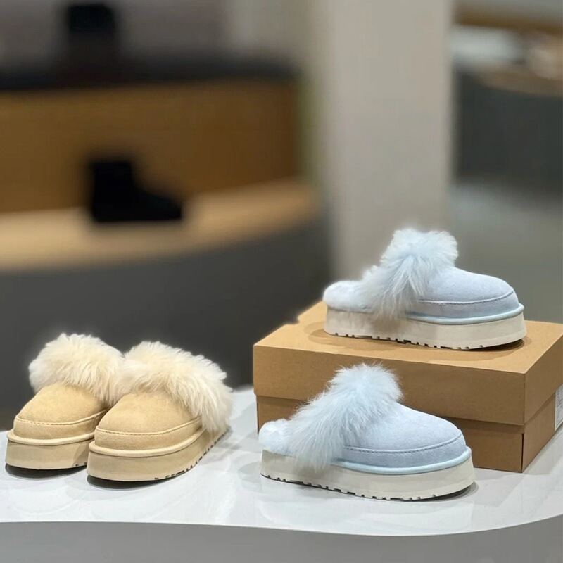 Baby Blue! 2026 New Style Closed-Toe Furry Snow Boots for Winter, Slip-On Thick-Soled Height-Increasing Slippers for Women