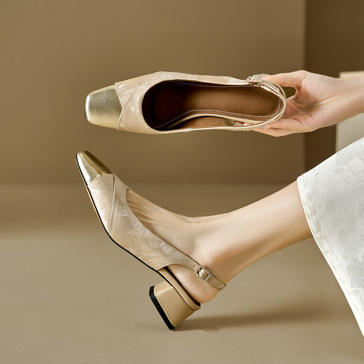 Sandal bít mũi nữ da bò phối màu gót thô 5 cm — Màu xanh lá, Màu mơ chi tiết 25