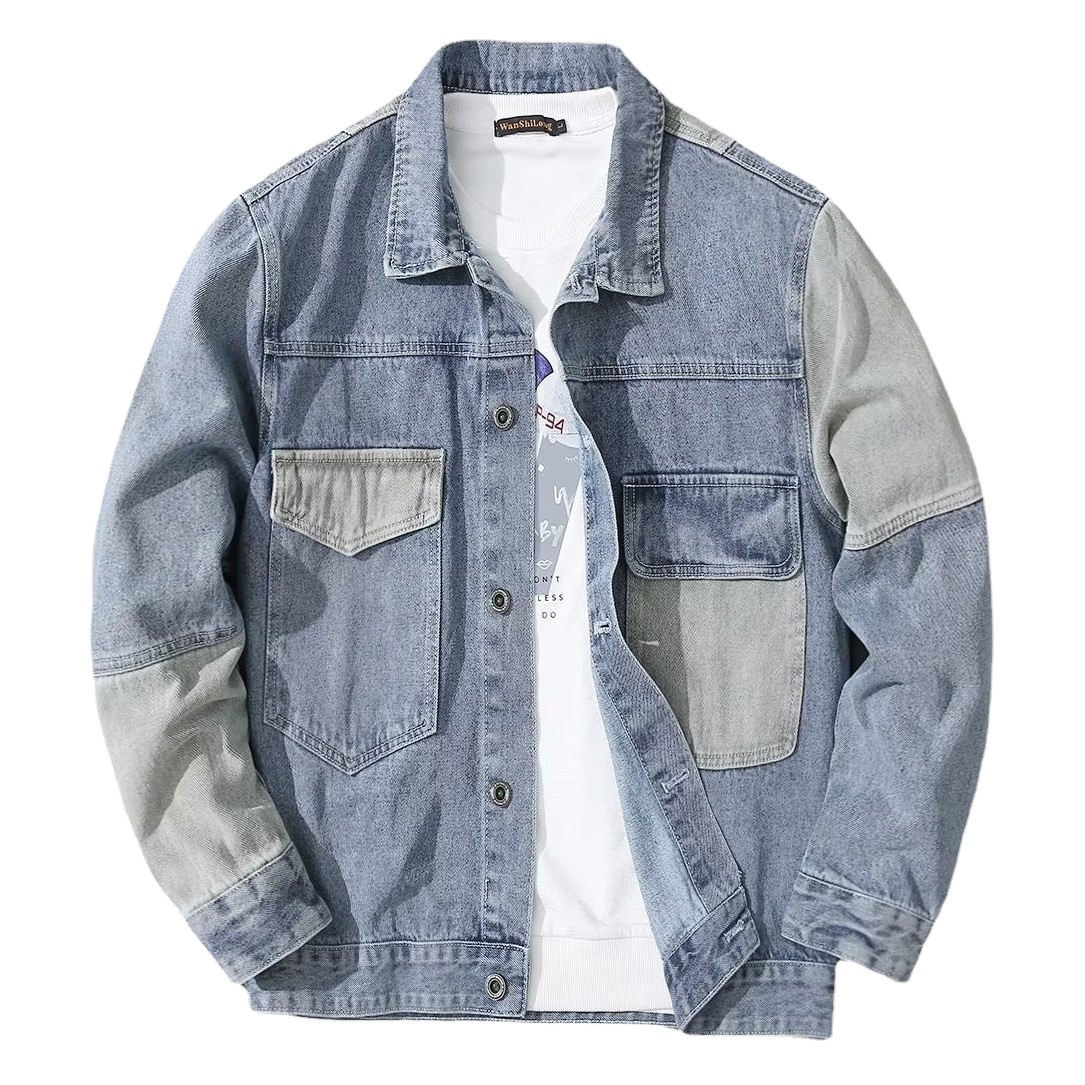 Camisa de mezclilla de estilo coreano abrigo de manga larga solapa de los hombres de moda sitio de construcción ropa de abrigo chaqueta ins moda simple temperamento de primavera y otoño