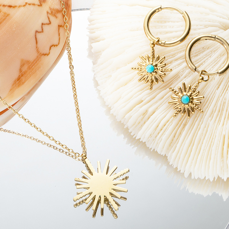 vintage Turquoise star necklace earrings set titanium steel ear buckle