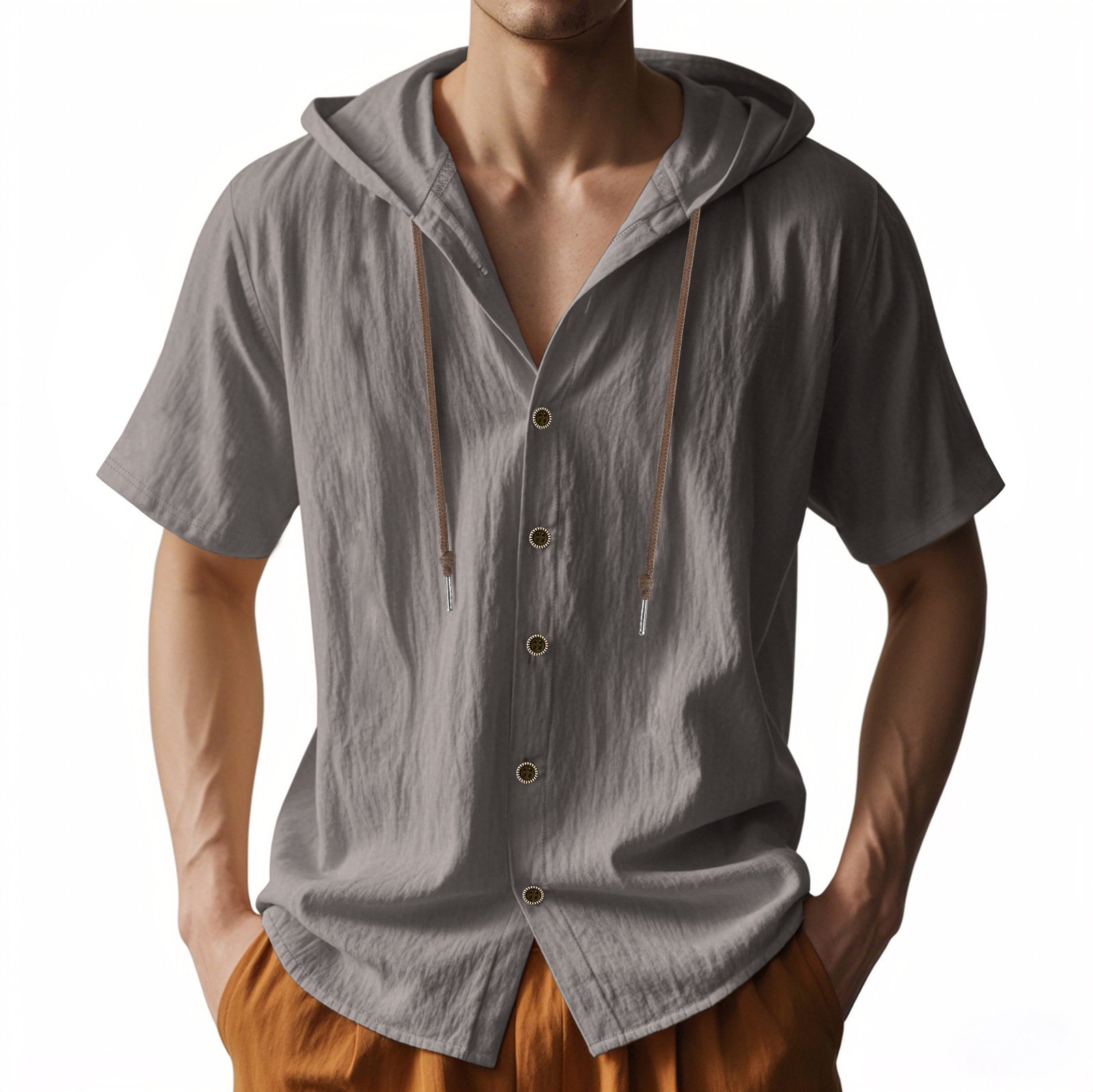 Cross-border Amazon American Short-sleeved T-shirt Men's Summer Thin Breathable Linen Ami Kaji Hooded Short-sleeved Shirt Men